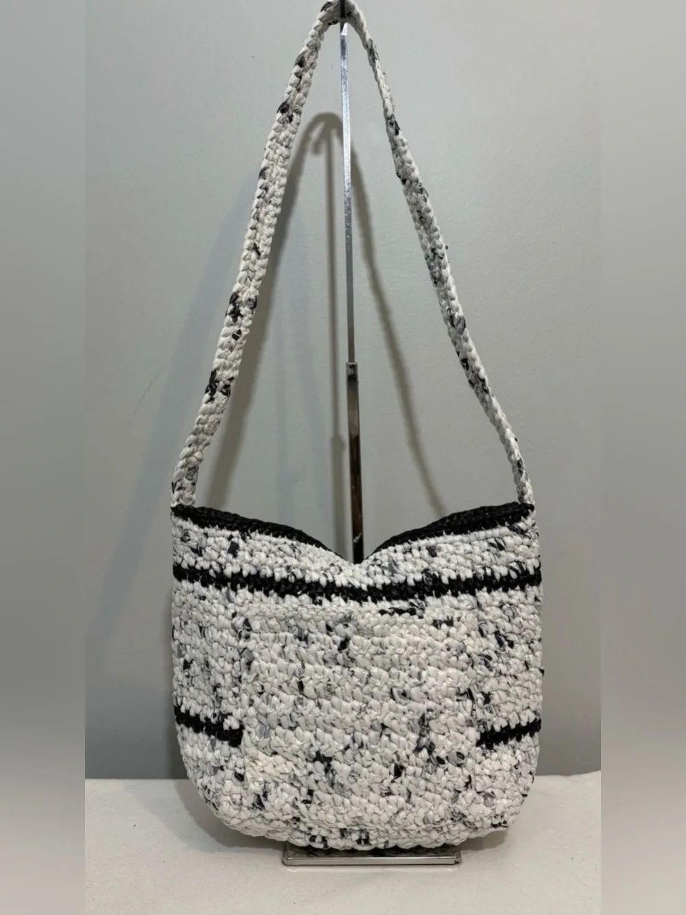 Crochet Hobo Bag Black White Stripe Boho Knit Shoulder Purse